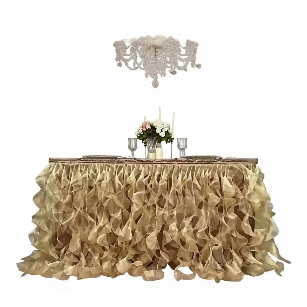 6ft (183cm) Double Layer Organza Ruffle Table Skirt, Champagne Gold Rectangle Pleated Tulle Table Cover Party Decorations for Wedding Birthday Baby Shower Banquet Dessert Table Decorations