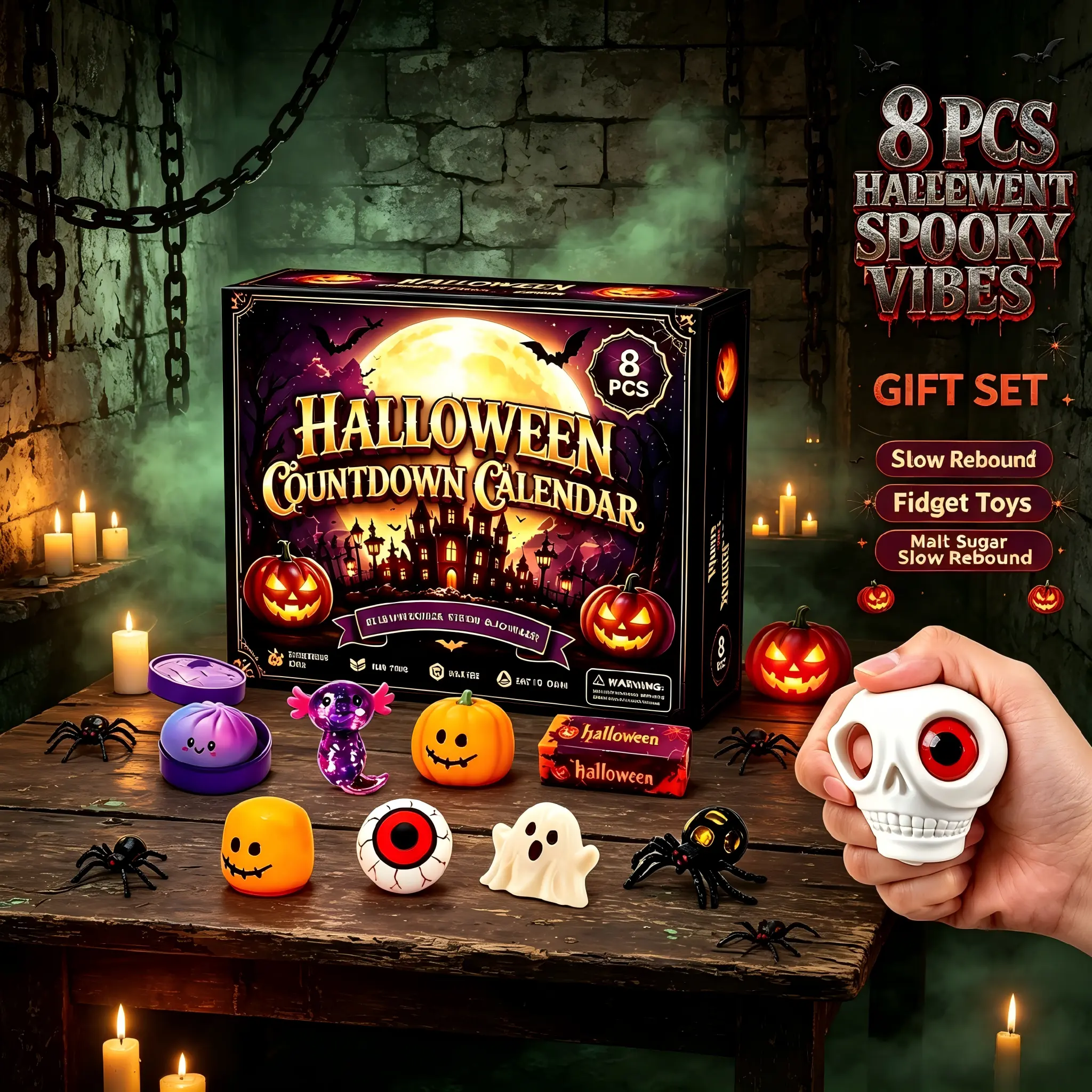 8-Piece Halloween Horror Squishies Pack, Malt Sugar Slow-Rebound Fidget Toys, Anxiety Relief Sensory Items, Ideal Halloween Party Gifts & Trick-or-Treat Supplies, 8 Pcs Squishies Pack