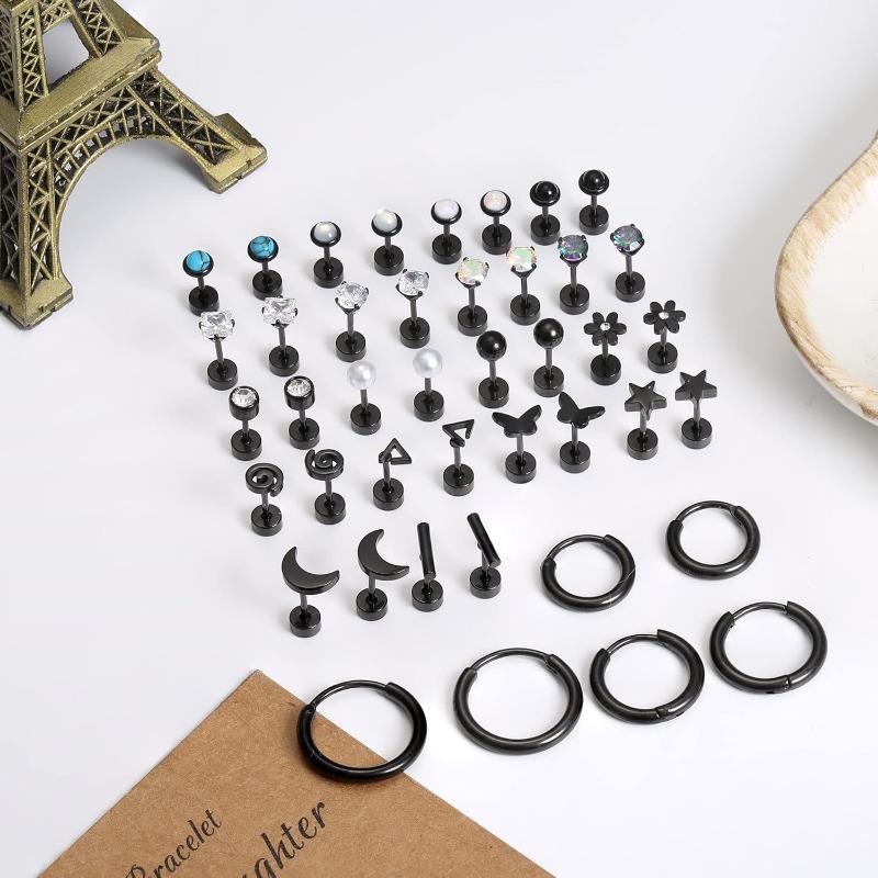 FIBO STEEL 21 Pairs Surgical Steel Flat Back Earrings Hypoallergenic 20G Screw Back Cartilage CZ Stud Earring Stacks Piercing Jewelry for Women - Cubic Zirconia Grillz