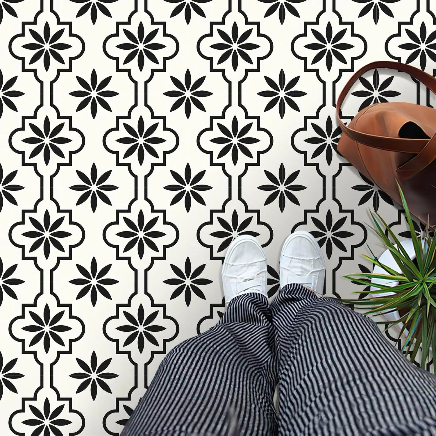 20pcs Peel-And-Stick Floor Tiles, Waterproof Floral Pattern, Vinyl, DIY for Bathroom Kitchen Fireplace Pet House Staircase Bedroom Wall Store