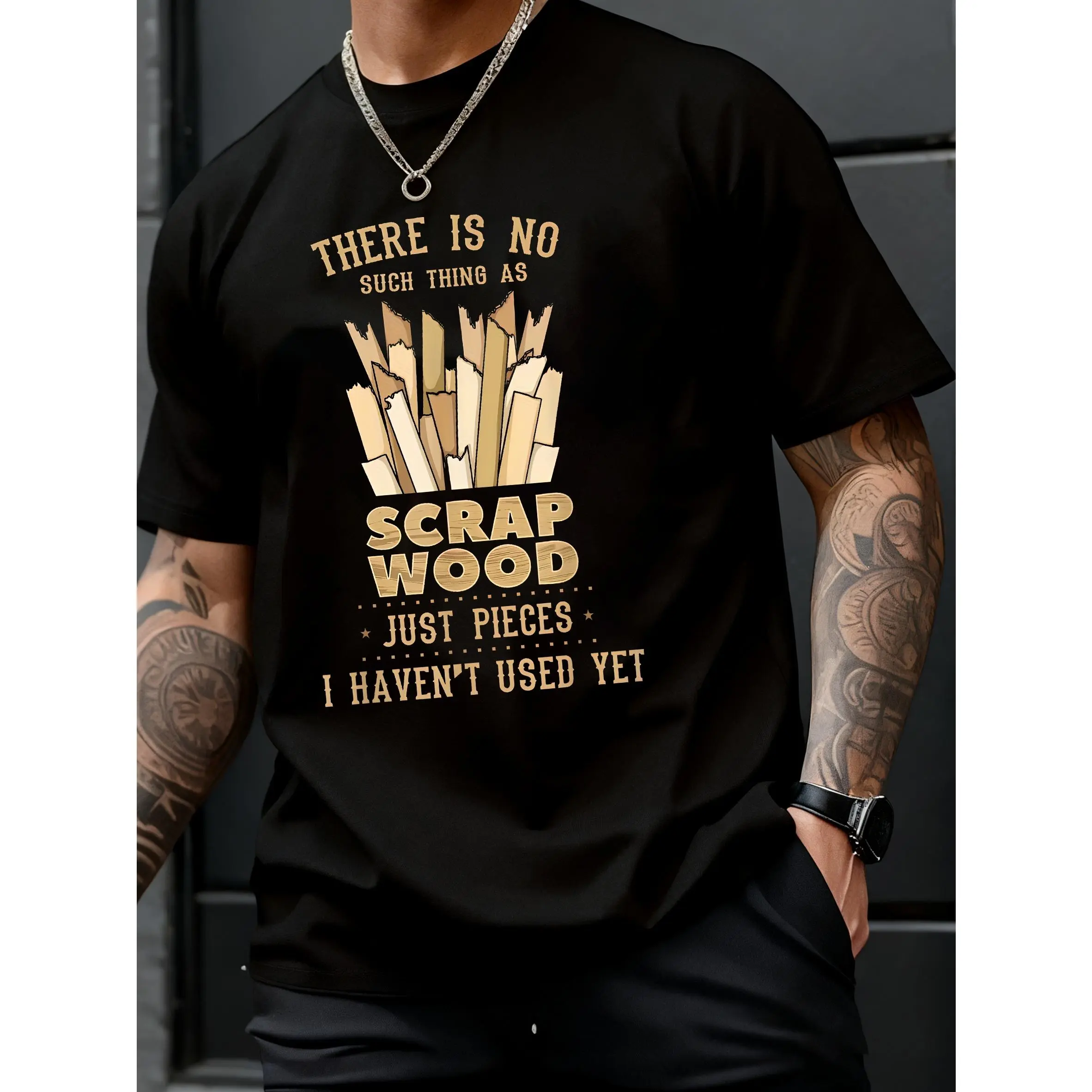 Men’s Casual Lightweight Scrap Wood Graphic Print T-Shirt - Short Sleeve Crew Neck Woodwork Joke Tee, DIY Handyman Workshop Shirt, Gift for Woodworkers