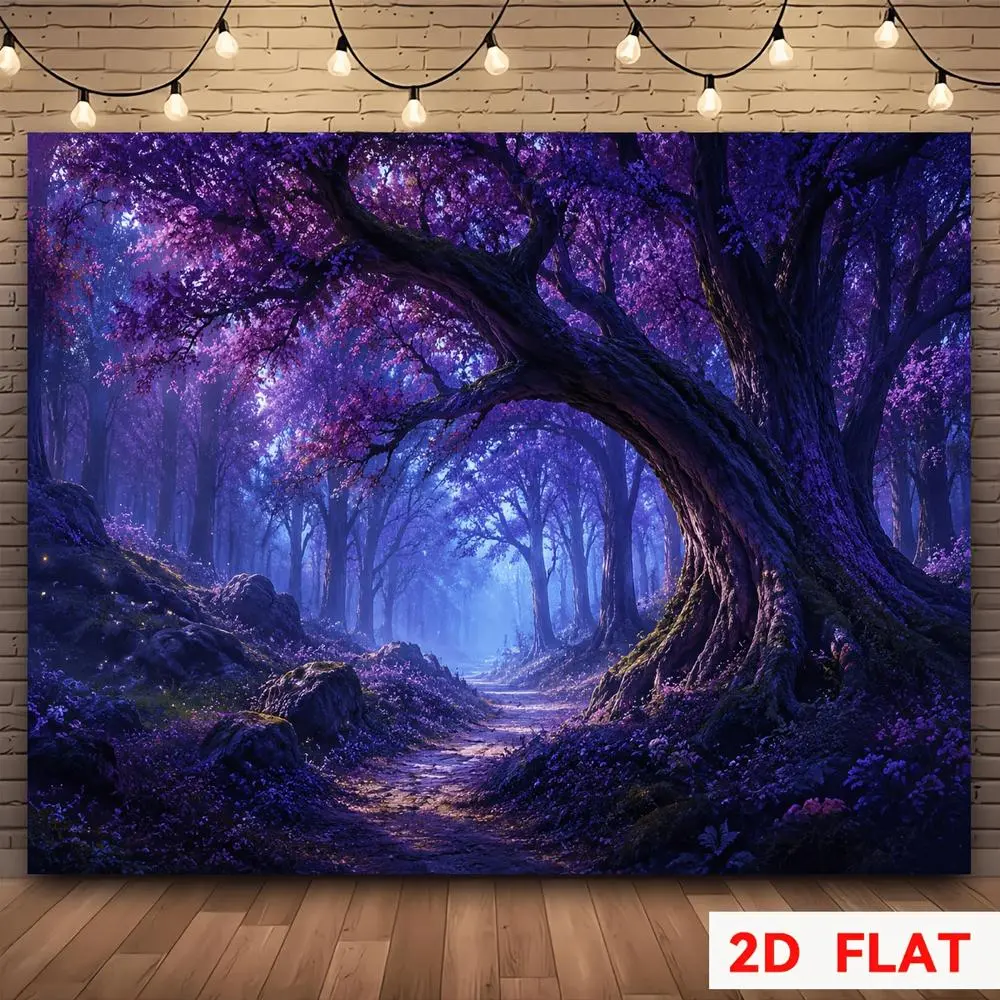 2D Flat Purple Fantasy Forest Printed Scene Polyester Photography Backdrop - HD Digitally Printed, Soft Lightweight Foldable Cloth for Portrait Shooting, Product Photography, Party Decor (Glam Textile Background)