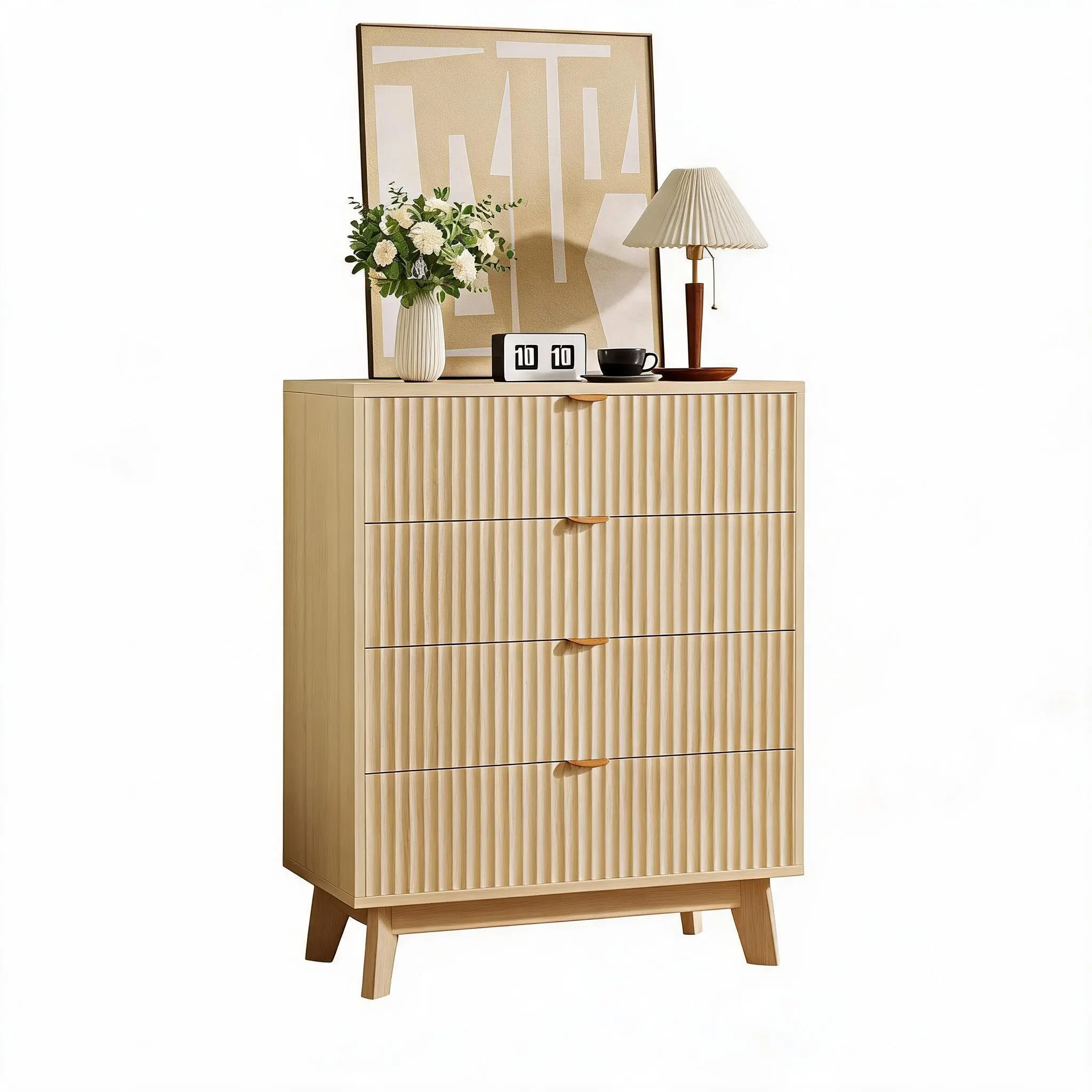Single Unit 4-Drawer MDF Wood Tall Dresser - Minimalist Fluted Clothing Storage Cabinet, Bedroom Clothes Drawers with Sturdy Legs, Smooth Glides for Bedroom, Closet