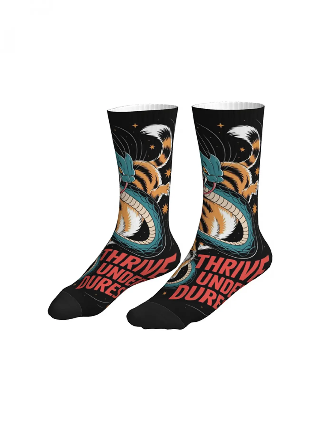 Men/Women Crew Socks with Tiger vs. Snake and Motivational Quote