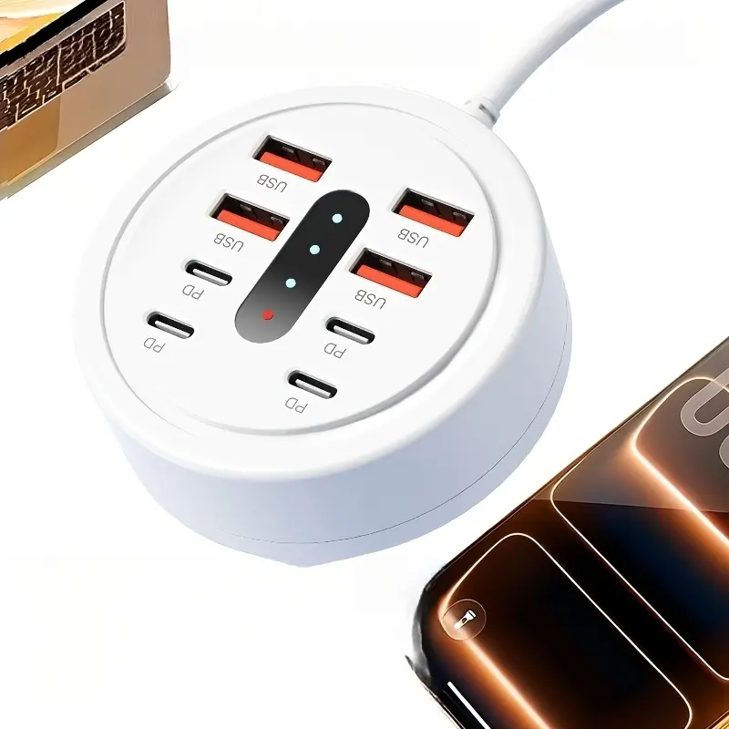 Multi-Port Desktop Charging Station, Round Charging Base with 4 USB-A & 4 Type-C PD Fast Charging Ports, Power Supply for Phones, Bluetooth Earphones & Tablets