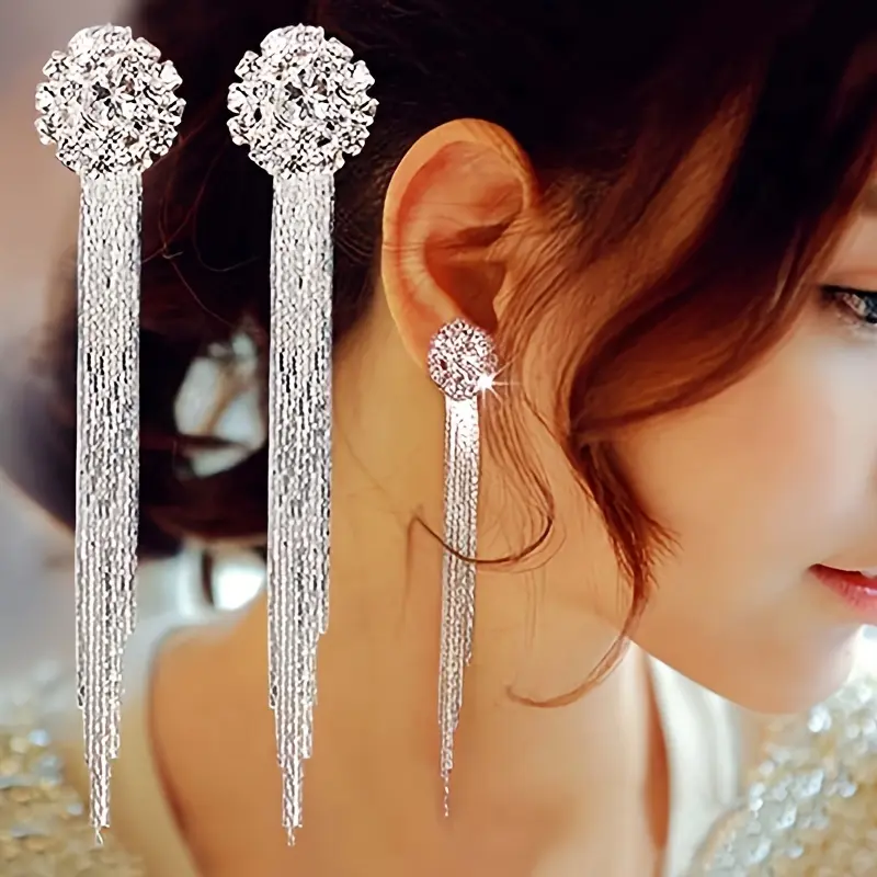 Luxurious sparkling rhinestone tassel bridal earrings
