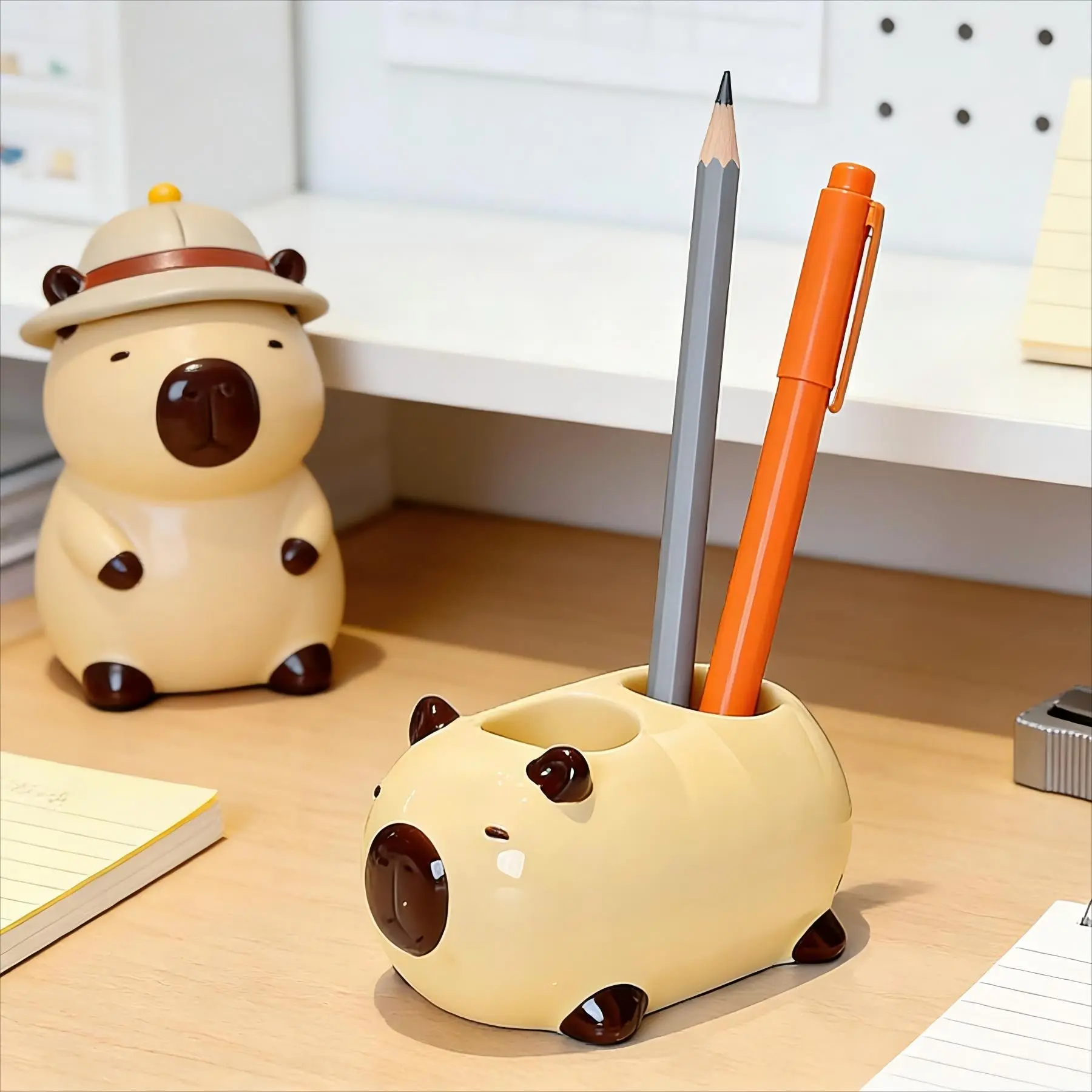 Capybara Ceramic Multi‑Purpose Holder, Cute Aesthetic Desk & Bathroom Decor Ornament, 2/3 Holes Organizer for Toothbrushes, Pens & Makeup Brushes, Kawaii Decorative Table Figurine, Versatile Household Desktop Vanity Accessory