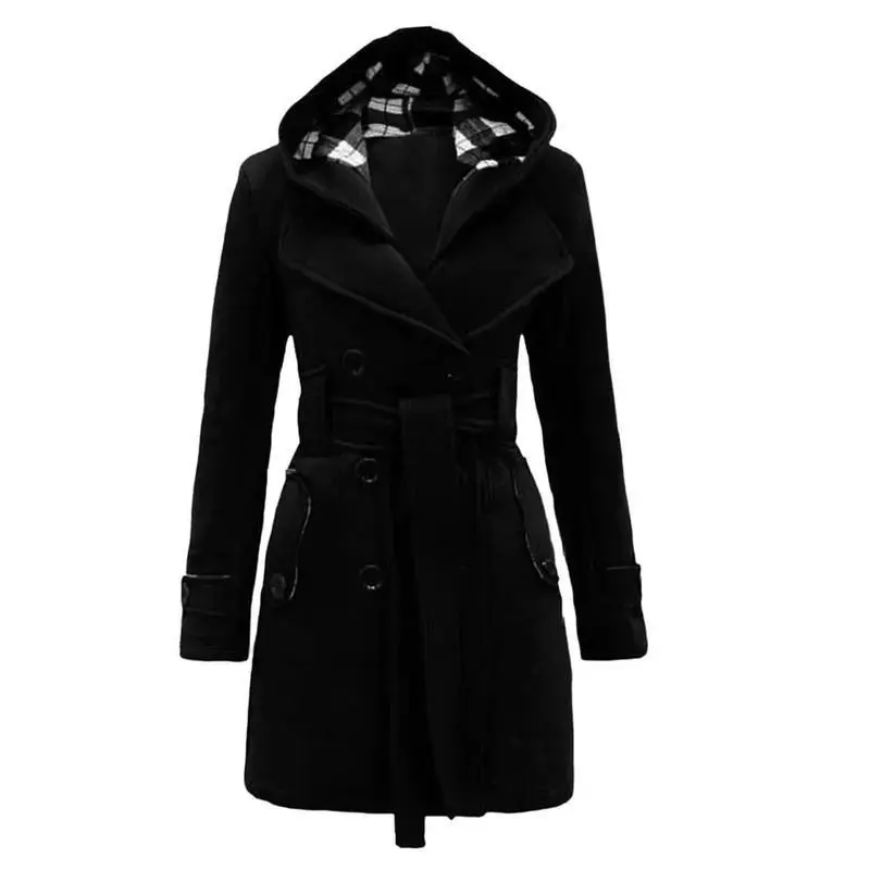 Vintage Elegant Women Plaid Double Breasted Grey Woolen Warm Winter Overcoat With Belt Hooded Lapel Plus Size Slim