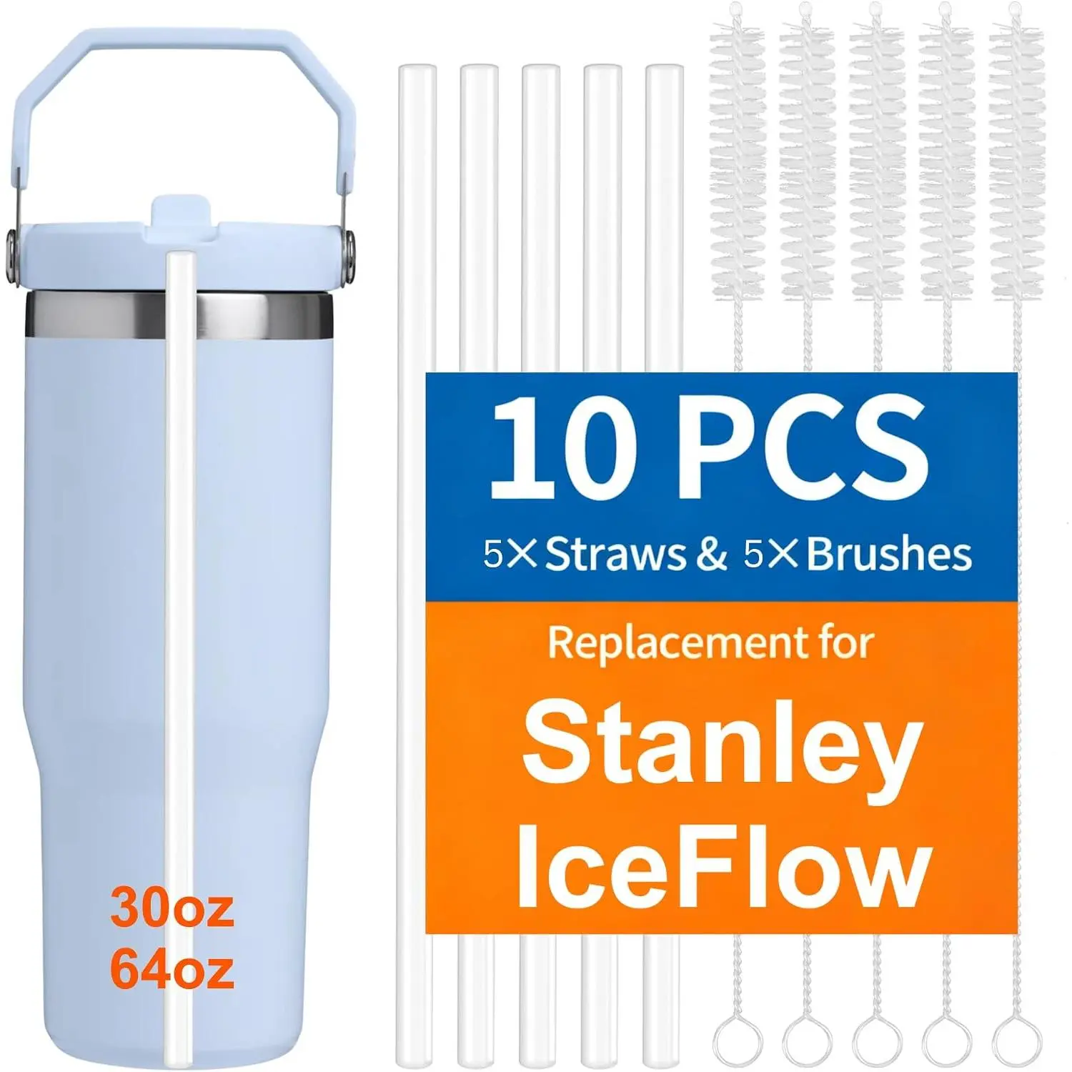 10 Pack  Straw for  IceFlow 30oz/64oz Cup Tumbler, Quencher 14oz/20oz, 5 Pack  Clear Plastic Straws with 5 Pack Cleaning Brushes,  Grade, , Cut-to-Fit (8.46in)