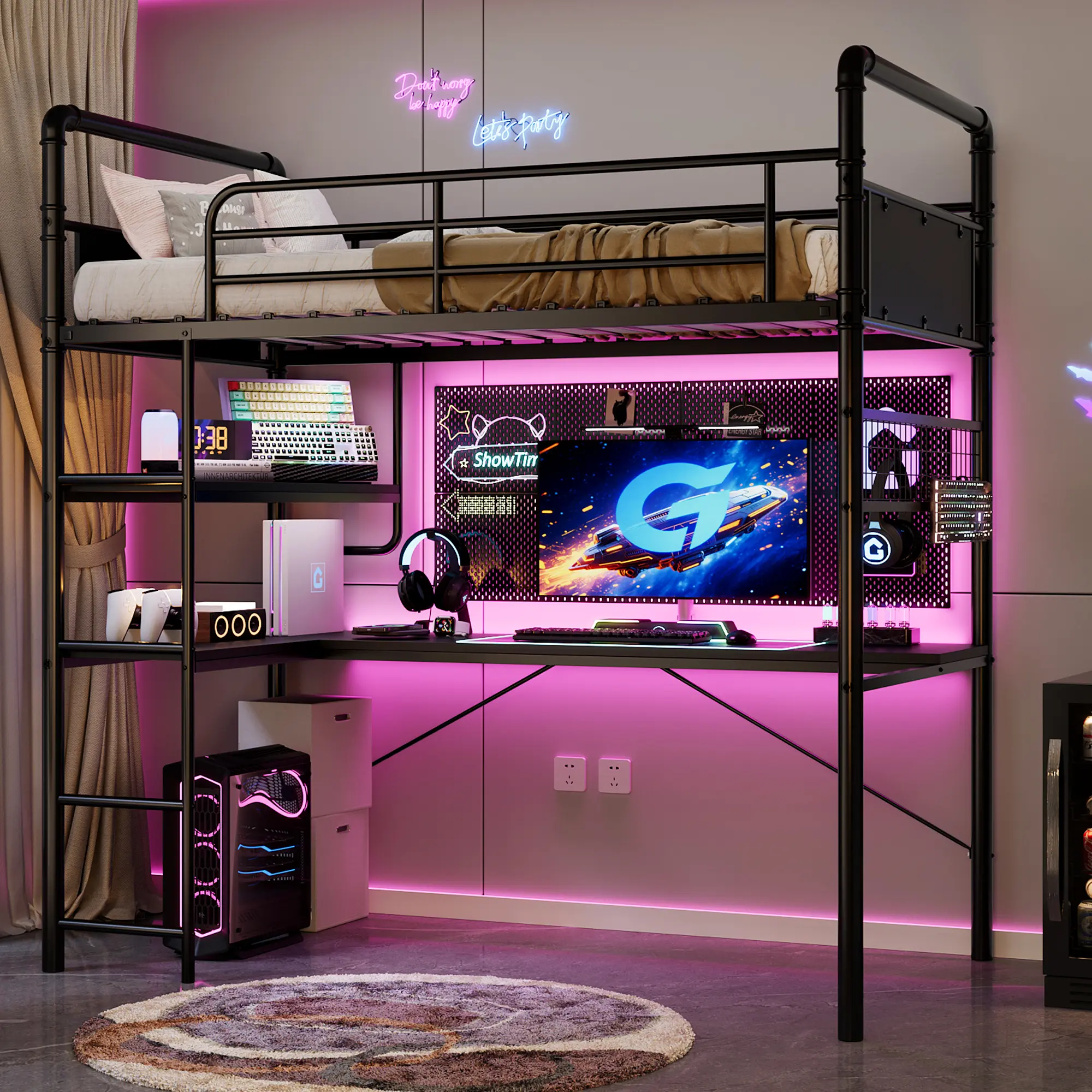 Space-Saving Twin Loft Bed with L-Shaped Desk – Heavy Duty Metal – 2 Shelves, High Guardrail – No Box Spring – Vintage Black/Brown – Perfect for Kids Room, Teen Bedroom, Dorm, or Small Apartment