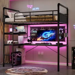 Space-Saving Twin Loft Bed with L-Shaped Desk – Heavy Duty Metal – 2 Shelves, High Guardrail – No Box Spring – Vintage Black/Brown – Perfect for Kids Room, Teen Bedroom, Dorm, or Small Apartment