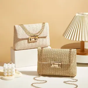 Women's Hand-Woven Straw Mini Crossbody Bag - Metal Turn Lock, Thin Gold Chain Purses for Women, Summer Beach Vacation Travel Shoulder Purse