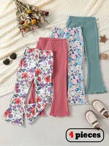 Little Girl Summer Ready Flared Pants Set, Floral/plain 4-Pack Casual Bottoms, Soft & Versatile Design, Perfect for Daily Wear