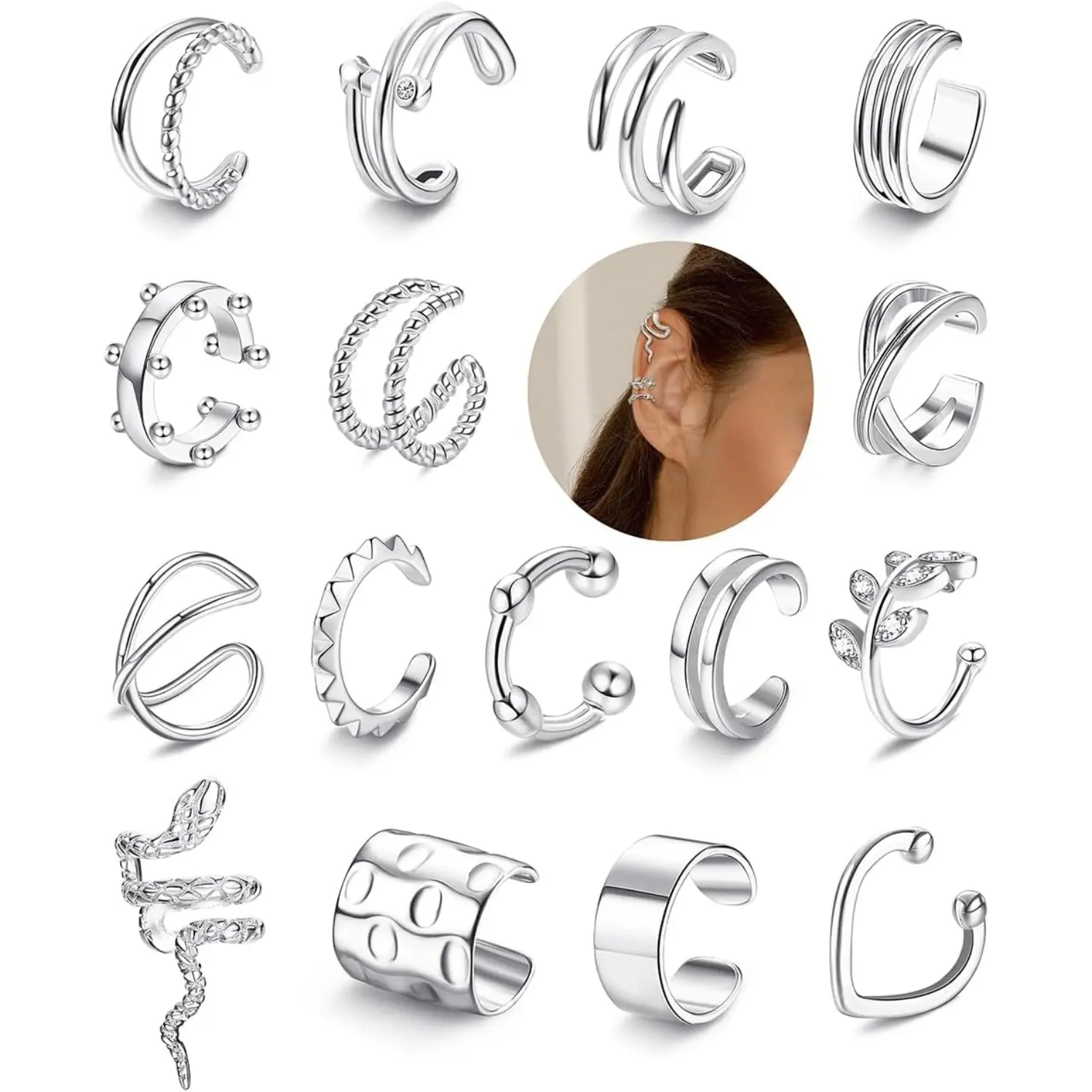 16 Pcs Silver Clip On Ear Cuff Set Copper Non Piercing Ear Wraps, Assorted Minimalist C Shape Ear Clips, Regular Size No Hole Stackable Ear Jewelry for Women