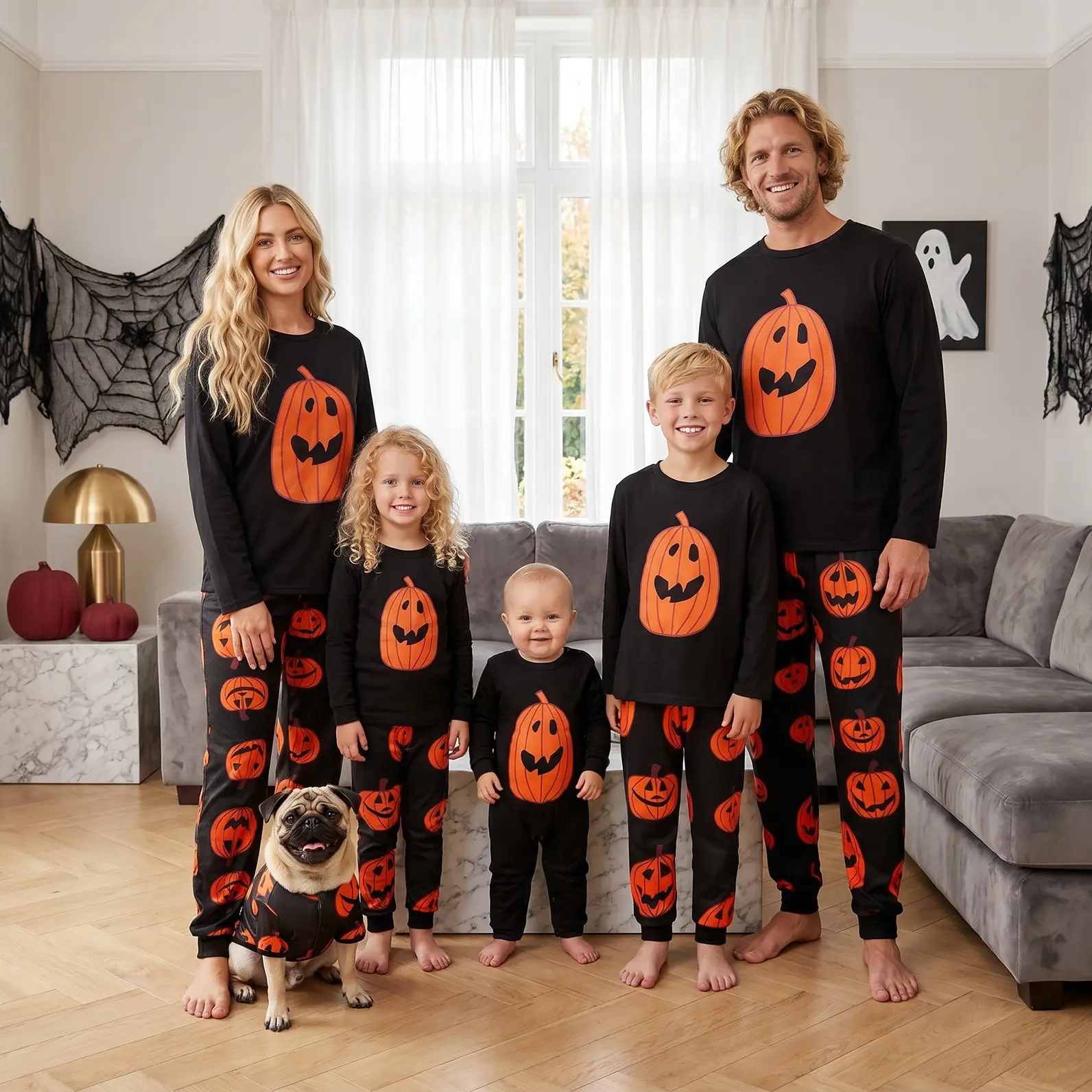Family Matching Halloween Wear Set - Longsleeves Pumpkin Print Sleepwear, Including Baby Rompers, Dog Clothes, Tops and Pants