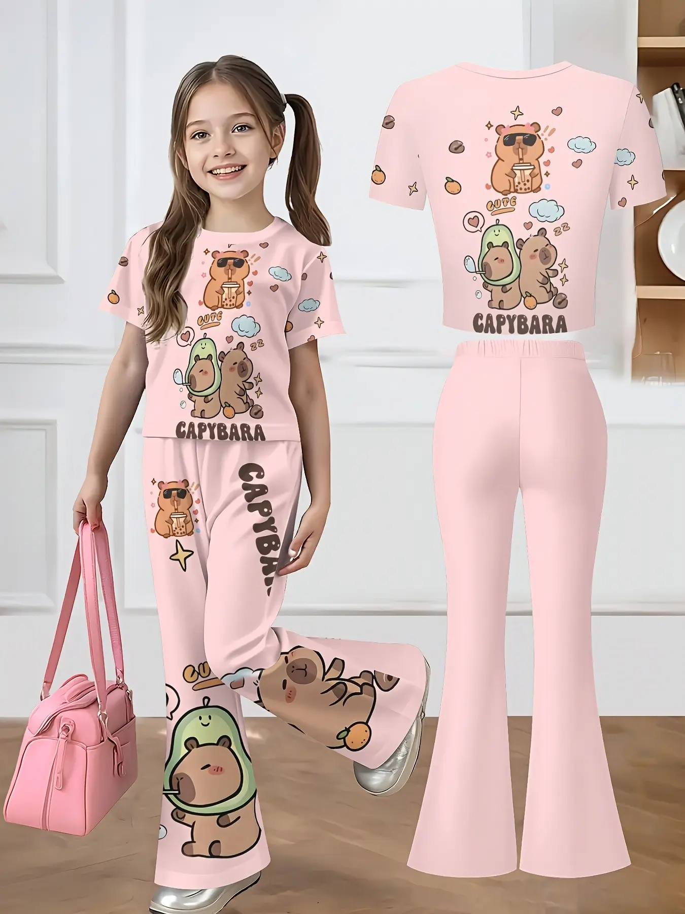 Girls Light Pink Full Print Capybara Cartoon 2Pcs Kawaii Outfit, Short Sleeve Crewneck Cropped Tee with All Over Cute Bubble Tea Capybara Print + Matching High Waist Flare Bell Bottom Pants, Soft Pastel Kids Tracksuit for Daily Casual & Cafe Shoot