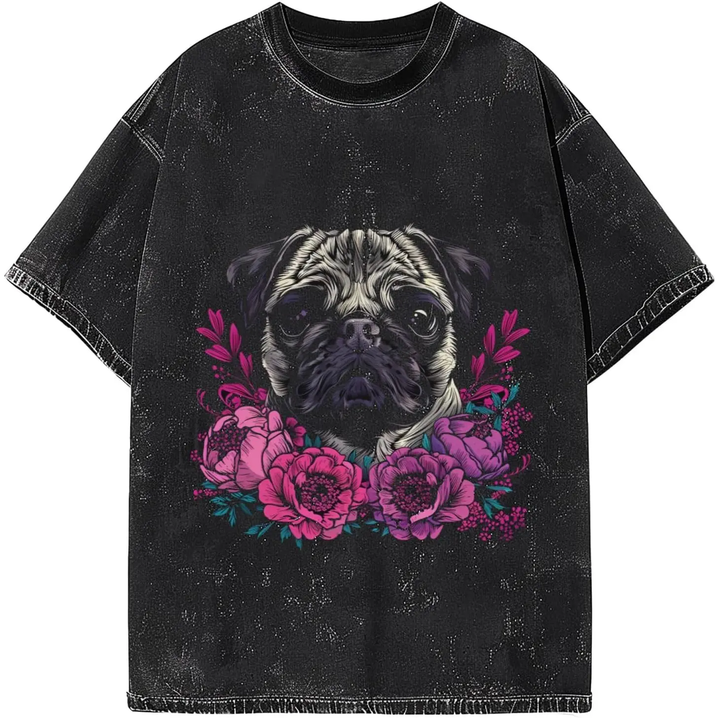 Vintage Wash Pug Graphic Tee Acid Wash Aesthetic Premium Cotton Tshirt Cute Dog Floral T Shirt Women Short Sleeve Crewneck Top Fun Gift Men Loose Casual Top Oversized Summer Outfit
