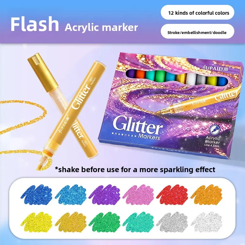 12 Colors Glitter Acrylic Marker Set Student Drawing Journal Greeting Card Doodle Blendable Highlighter DIY Glitter Pen Hand Journaling Supplies