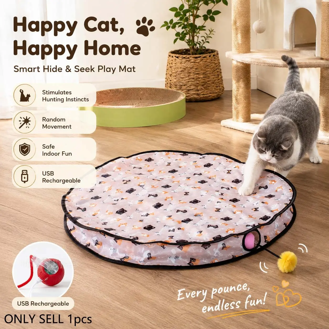 Interactive Cat Play Mat with Rechargeable Automatic Smart Ball, Random Moving Hide-and-Seek Cat Toy with 5 Peek Holes, Touch Activation and Auto Wake-Up, Indoor Exercise Toy for Cats, Kittens and Kitty
