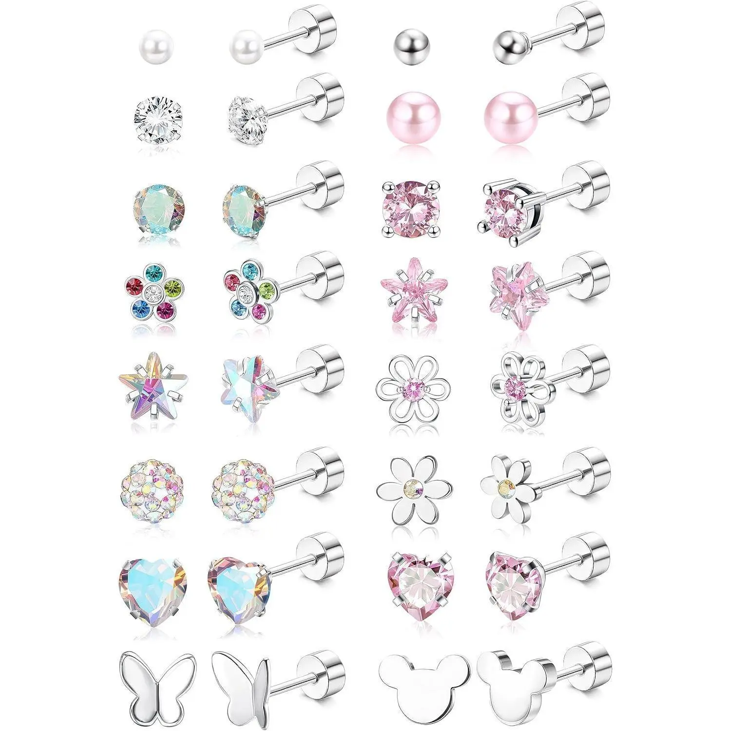 CASSIECA Women's 16-Pair Earring Stacking Set - 316L Stainless Steel Hypoallergenic Screw Back Mini Stud Earrings, CZ Pearl Ball Heart Flower Designs, Metal Coating, Multicolor Bundle for Everyday Carry, Summer Jewelry Gift Sohochic