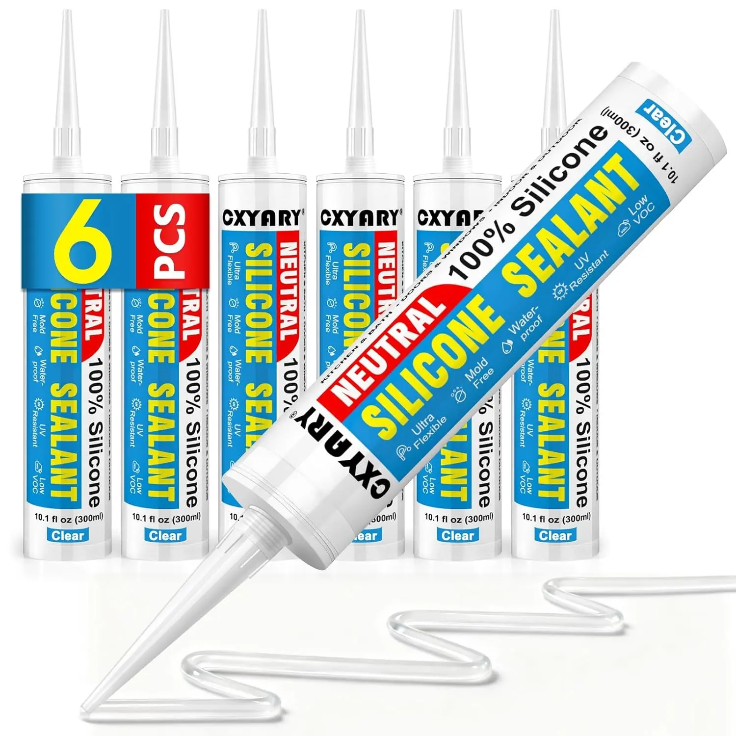 Silicone Caulk & Sealant Clear, 6 Pack - 100% Waterproof Silicone Sealant, Silicone Caulking for Kitchen and Bathroom, Toilet, Sink, Window ＆ Door Use, Shrink & Crack Proof (10.1 FL.OZ/300ml)