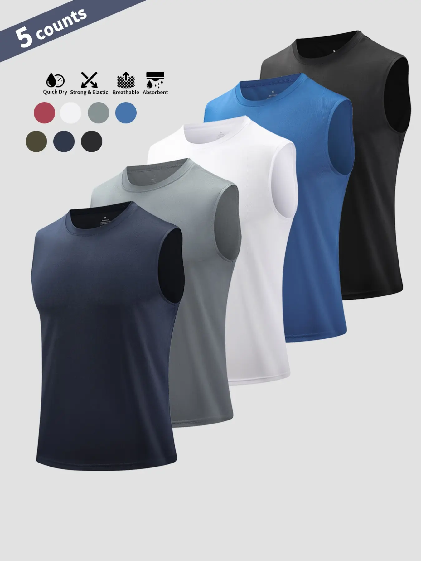 3/5 Piece set Men's Pack Sporty Fitted Sleeveless Tops, Workout Sleeveless Activewear, Athletic Apparel Tops, Sports Tank Top, Sporty Vest, Breathable Stretch Quick-Dry, Ideal for Summer Running, Outdoor Workouts, Basketball Training, Fitness, Marathon