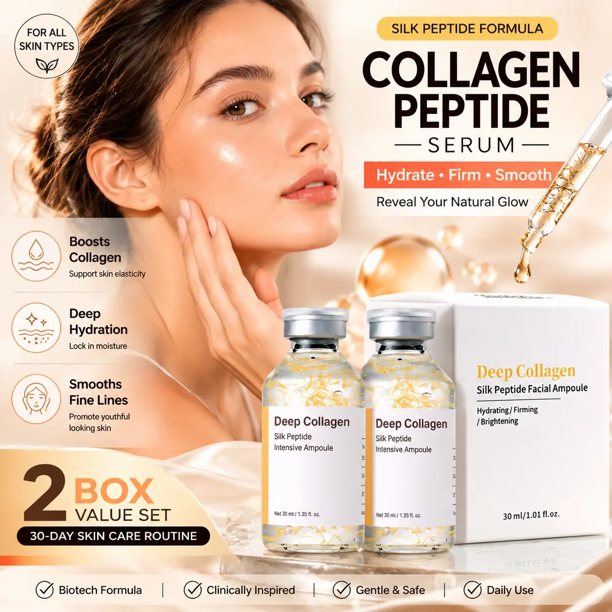 Collagen Peptide Serum 30ML, 2 Pack Silk Protein Face Serum, Hydrating Anti Aging Skin Care, Moisturizing Facial Essence for Daily Routine