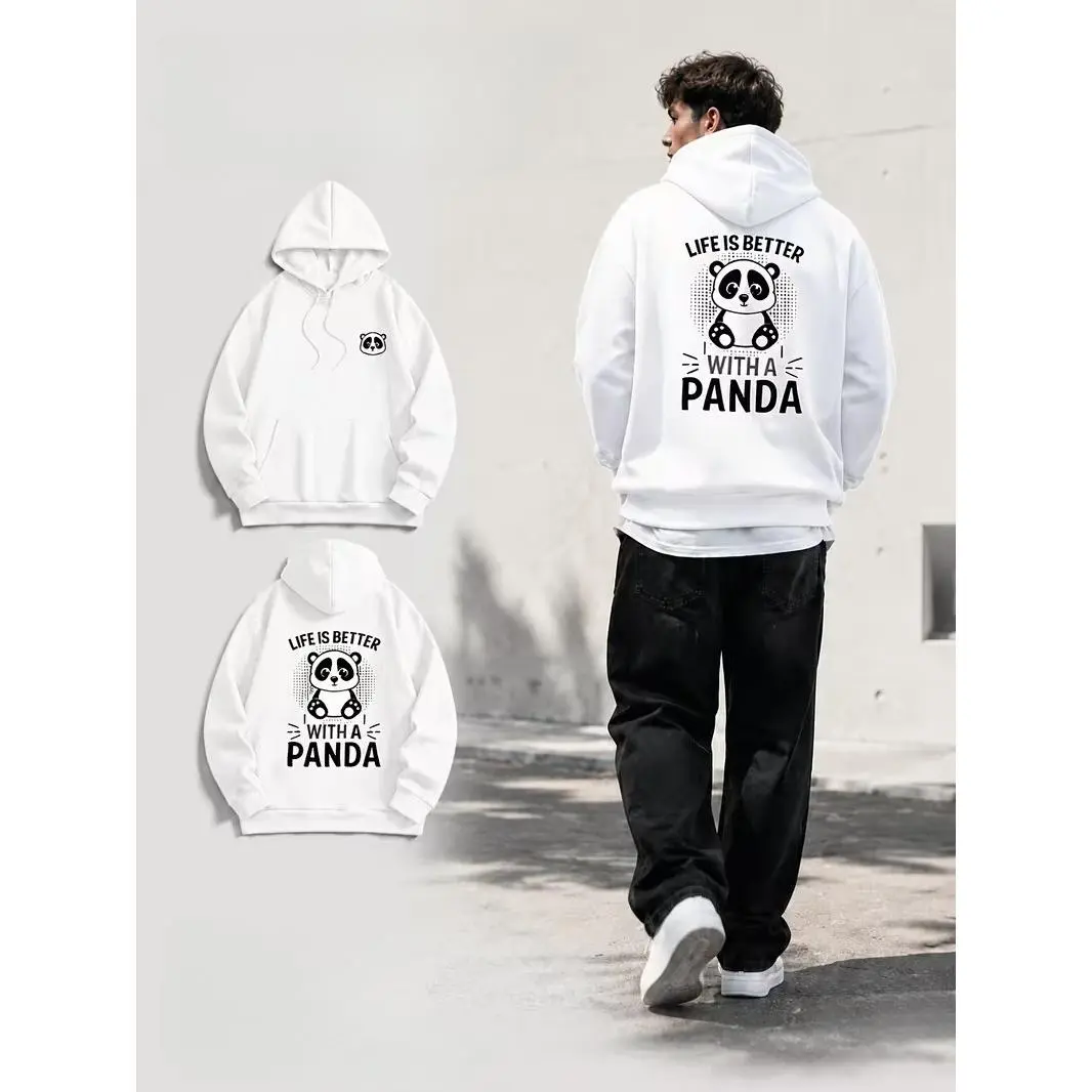 Cute Panda Graphic Oversized Comfort Cotton White Hoodie, Life Is Better With A Panda Fashion Outfit, Perfect Valentine Gift For Panda Animal Lovers, Best Holiday Present For Zoo Fan Friends Him Her