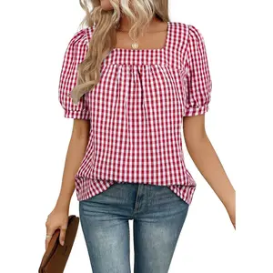 Tops for Women Short Sleeve Tunic Blouse Square Neck Gingham Tops Cotton Blend Plaid Shirt Cute Checkered Shirt