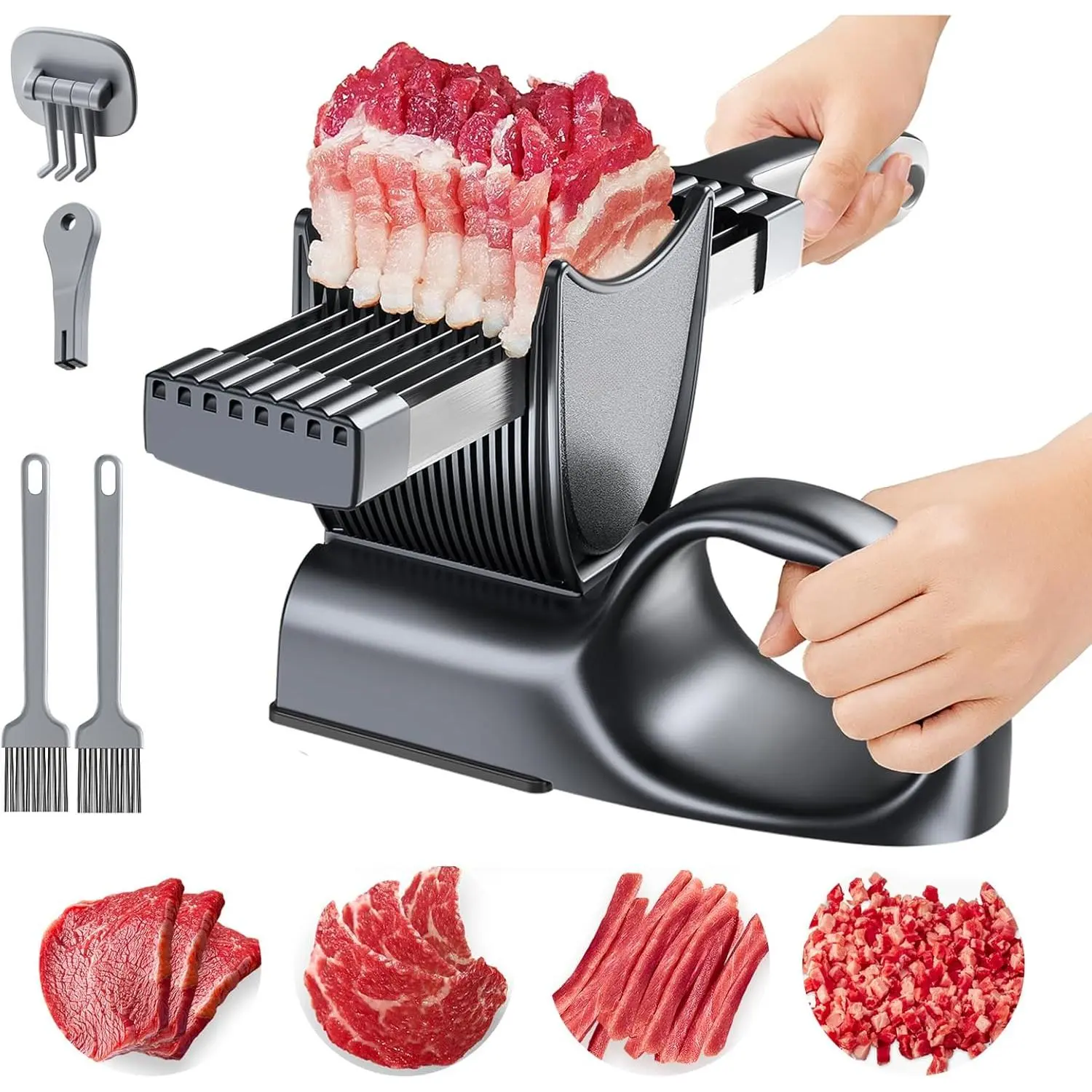 Fresh Meat Slicer, Thickness Adjustable 2 or 4 mm, 17 IN 1 Stainless Steel Manual Meat Cutter, Cleaver Kitchen Knife, Jerky Slicer Suit for Chicken Breast Beef Pork (With SteadyGrip)