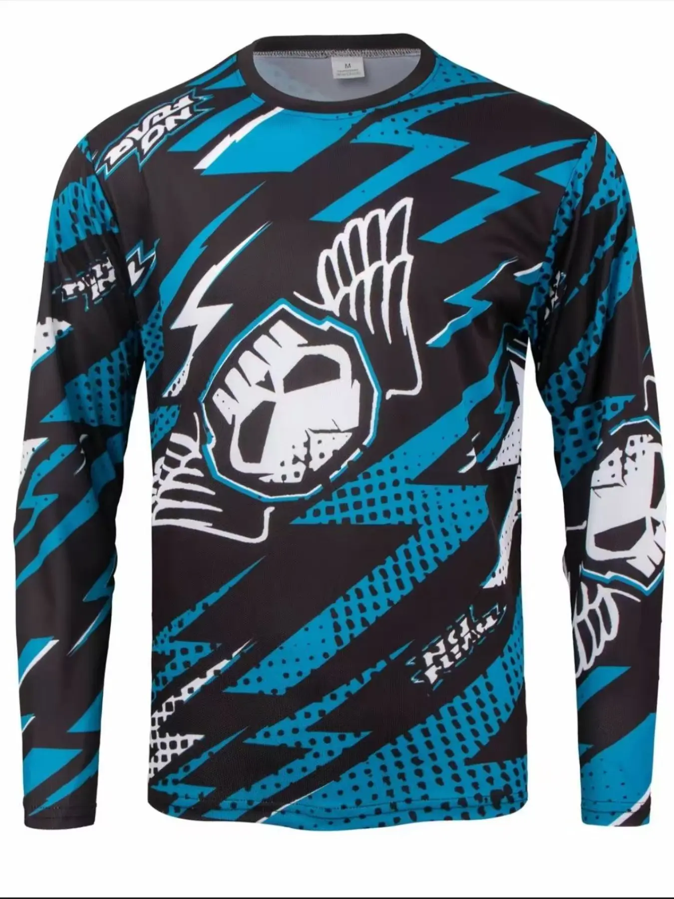 Men's off-road motorcycle riding suit, blue lightning skull print long sleeved knitted fabric, suitable for downhill riding, off-road riding suit, versatile for daily wear