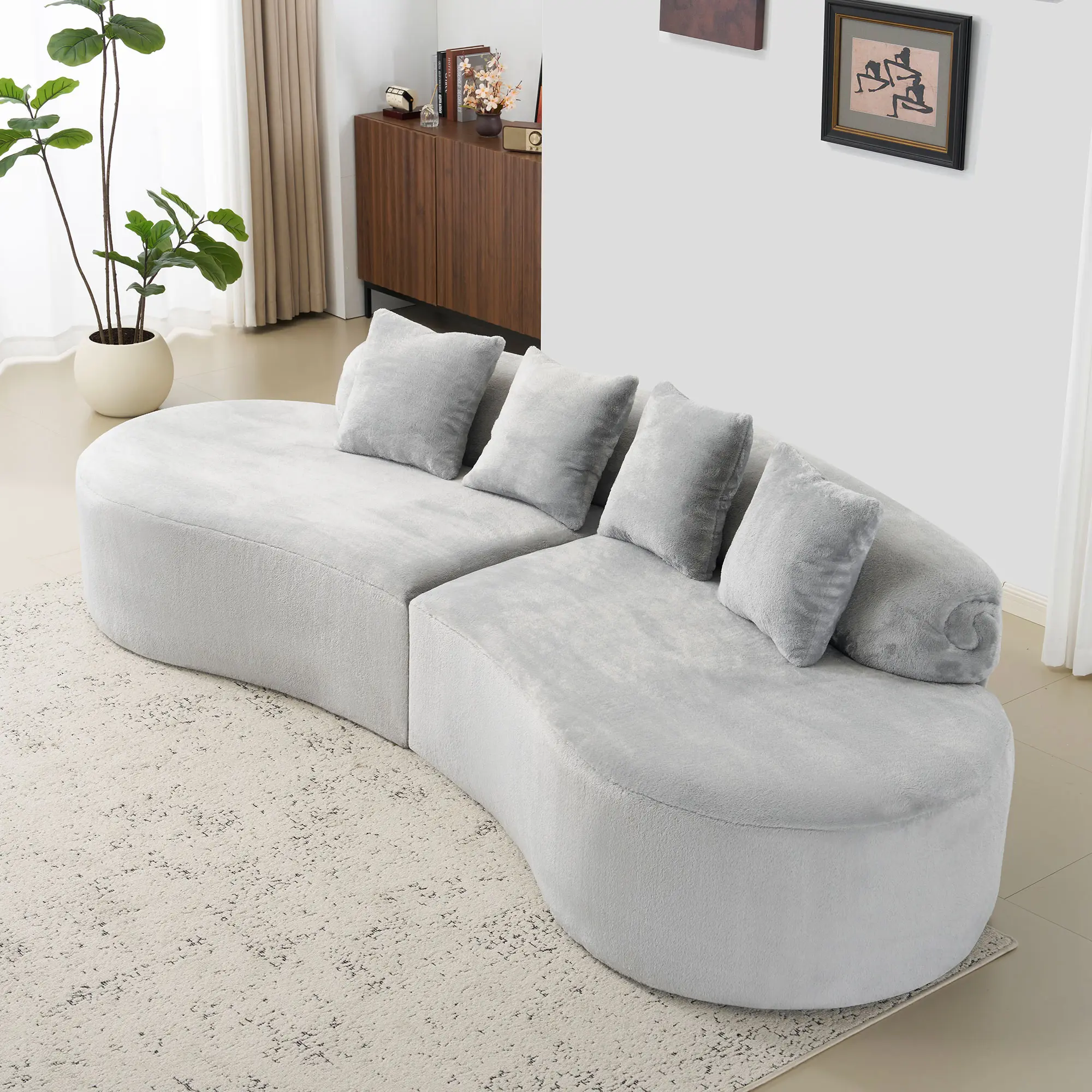 ARCH Modern Curved Flannelette Sofa for Living Room, Multi-Seater Couch with Pillows, Light Gray Upholstered Sofa, Creative Design, Soft Fabric, 1-Pack, Living Room Furniture for Apartment, Lounge, Family Room, Office and Home Seating