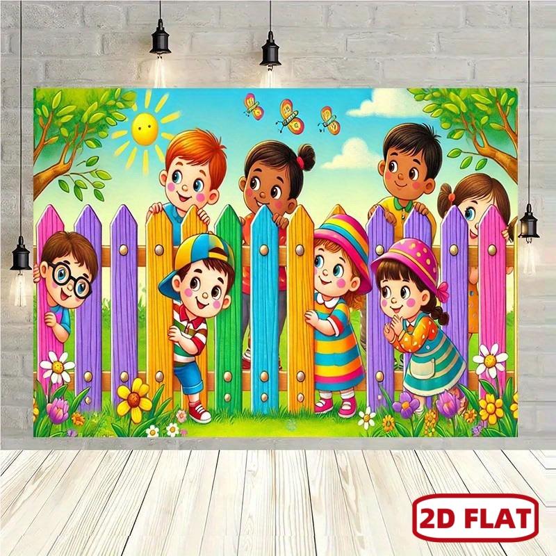 1pc Vibrant Playground Scene Backdrop, 8x6ft Polyester Wall Banner - Colorful Fence, Sun, Flowers, and Happy Faces, Perfect for Home Decor, Parties, Studios, and Outdoor Celebrations, Party Backdrop | Playful