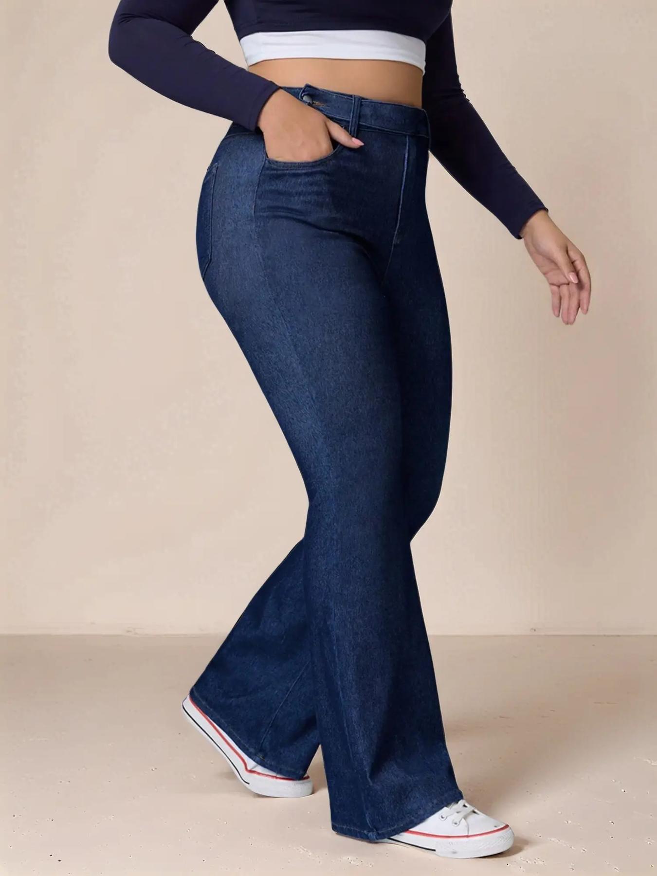 【Plus Size】 Solid Color Flare Leg Jeans, Casual Comfy Denim Jeans for Daily Wear, Women's Bottoms for All Seasons