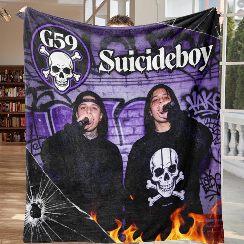 Suicideboy G59 Records Iconic Symbol Collage Fleece Blanket - Grey59 Suicideboys Dark Gothic Graffiti Ultra Soft Plush Throw, Underground Rap Merch, Streetwear Aesthetic Home Decor, Cozy Flannel Blanket for $B Fans
