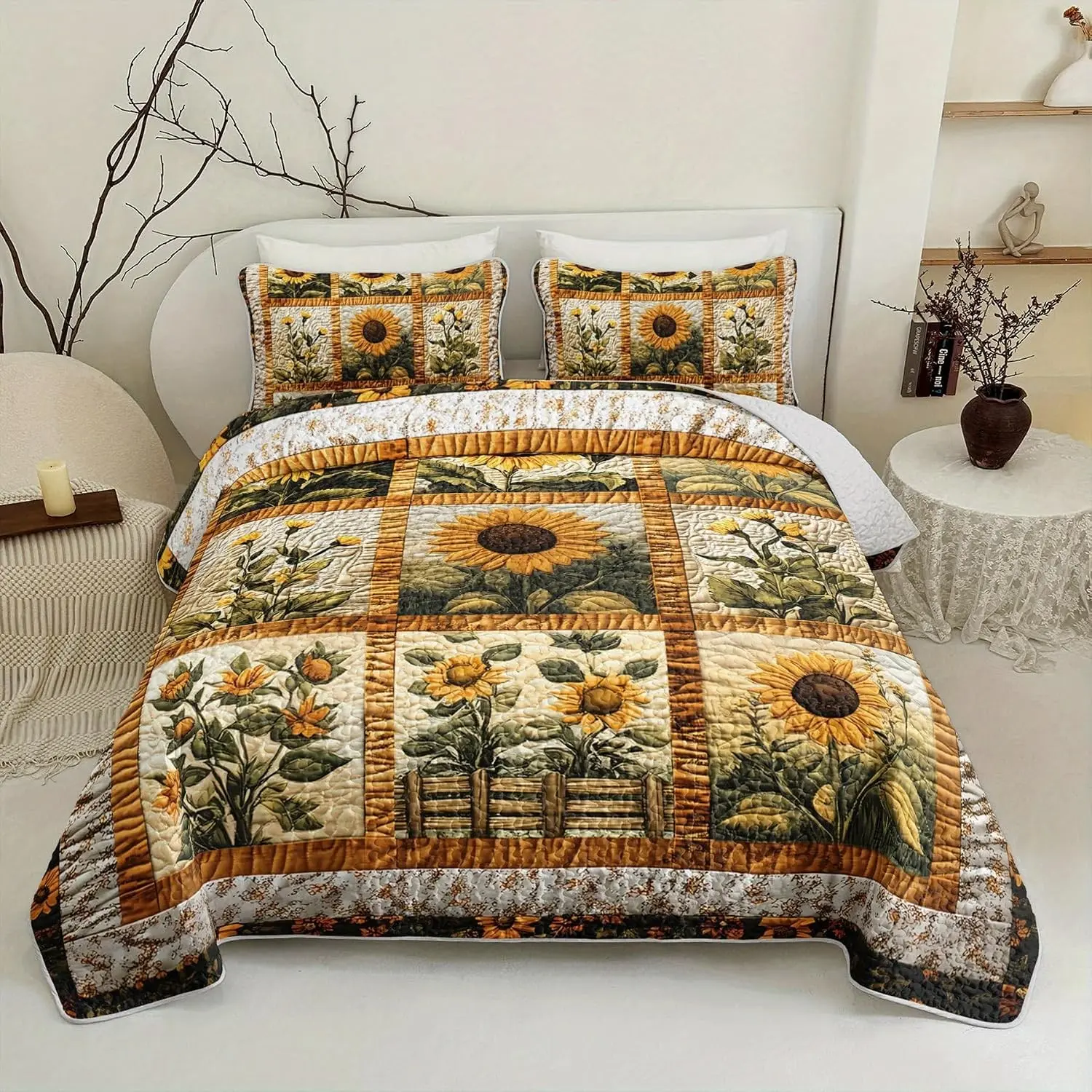 Sunflower Patchwork Quilt Bedding Set Queen Size for Girls and Kids,Sunflower Field Bedspread Sets Rustic Farmhouse Bedroom Decor,Yellow Flowers Bed Cover Queen for Boys Girls Room Decor