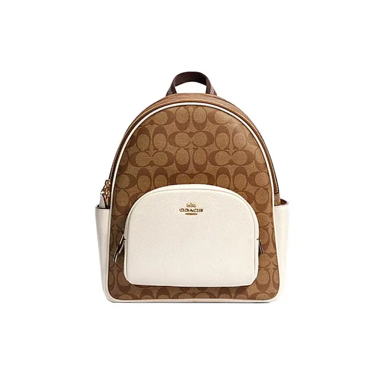 COACH Court 27 Color-Blocked Monogram Zip Backpack – Canvas and Leather, Medium Size, Women’s, White and Brown