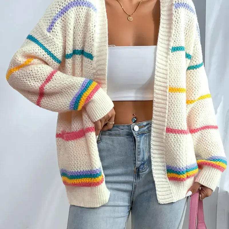 Women's Striped Open-Front Loose, Casual Drop-Shoulder Long-Sleeve Pocket Striped Knitted Sweater Knitwear Fit for Fall and Winter Daily Wear #GLOBAL PICKS