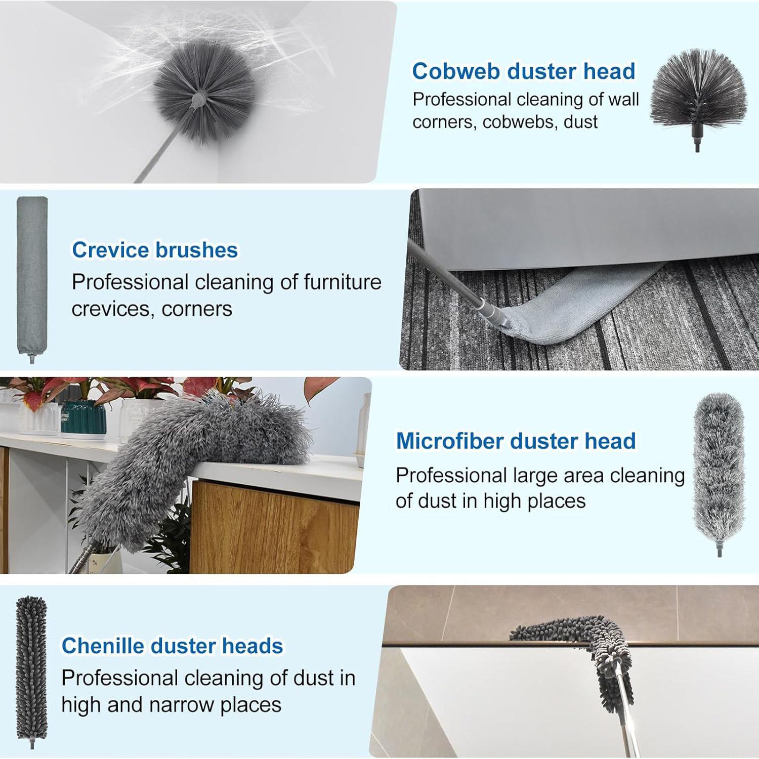 Extendable Feather Duster 4-Piece Set, 30-100 Inch Telescoping Pole, Bendable & Reusable, Perfect for High Ceilings, Fans, Lights, Blinds, Cars, Furniture