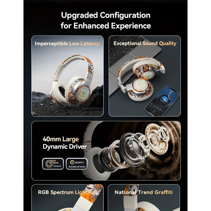 Wireless Gaming Headsets, 5.3 Generation, Wireless 360° Stereo, Light Folding Design, Noise-cancelling Microphone, Type-C Charging & USB-C Interface, Clear Call Music, Sports Music Compatible, Wireless Gaming Headset