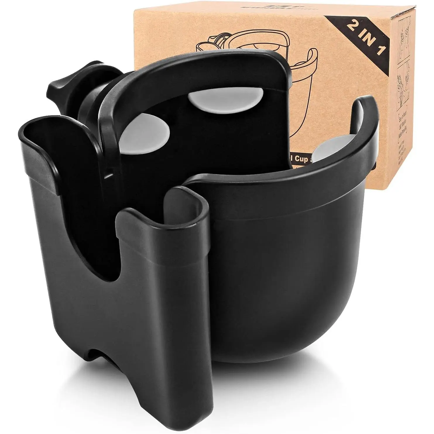 2-in-1 Universal Stroller Cup Holder with Mobile Phone Storage Rack, 360° Rotating Drink Holder for Strollers, Wheelchairs, Walkers, Fits Most Cups, Rotates 360°