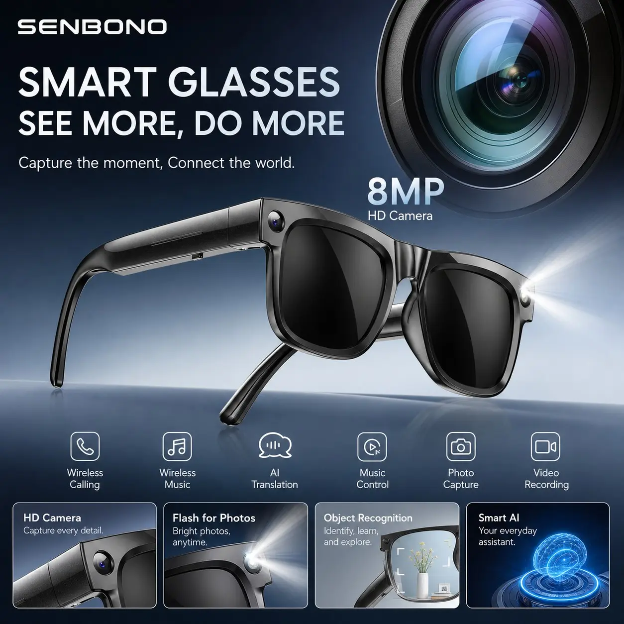 SENBONO Smart Shooting Glasses with 8mp Camera, HD Photo and Video, Bluetooth-compatible Connection, Ideal for Outdoor Sports and Vlogging