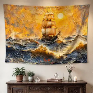Golden Ocean Sailing Ship Oil Painting Wall tapestry, Large size Printed Horizontal Tapestry blanket, Polyester Fabric Wall Hanging for living room, bedroom, No Installation Required, Indoor, Outdoor, Gift for Family and Friends