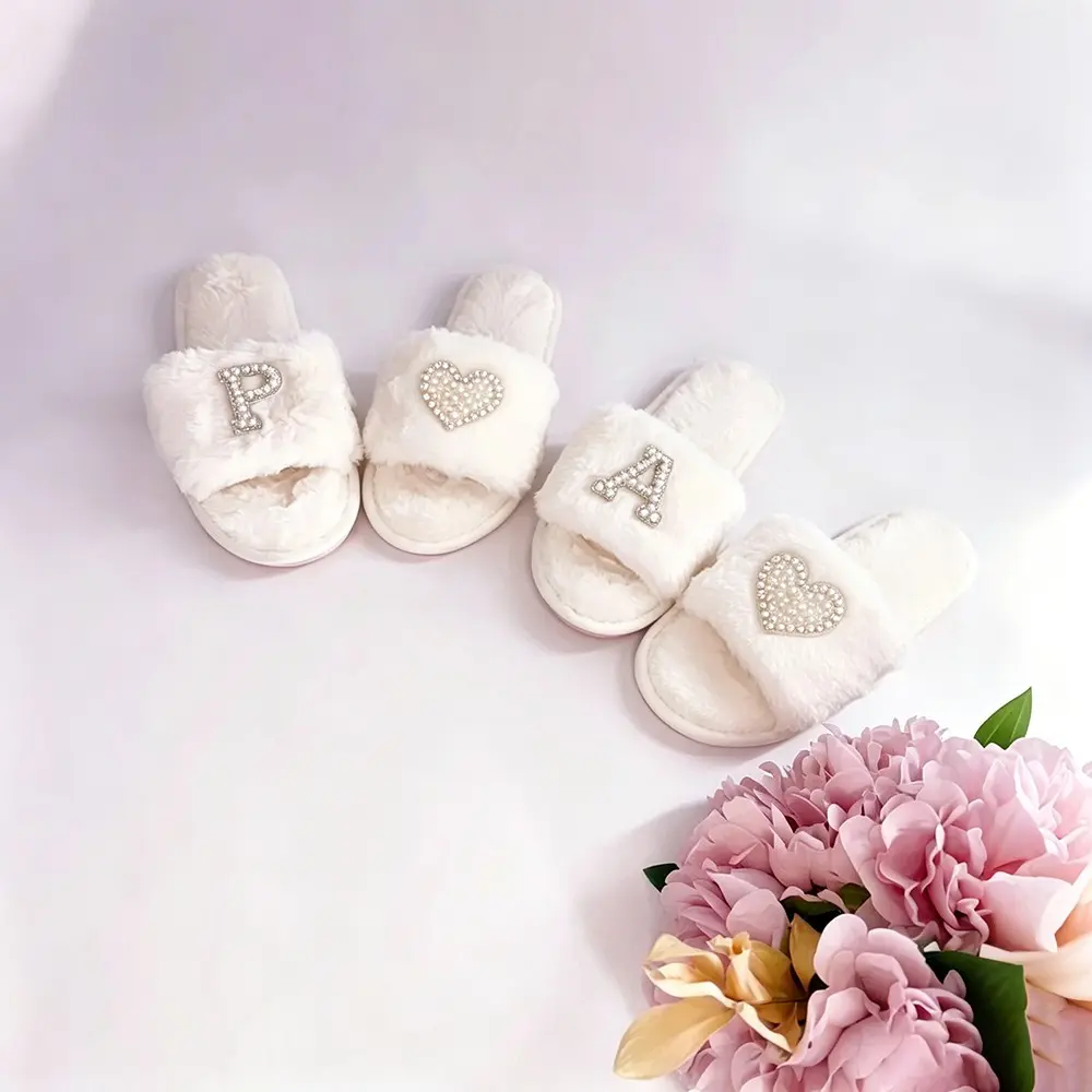 Pearl Initial A-Z fluffy Slippers wedding engagement beach rustic disco Sleepover Slumber spa Bachelorette hen night Party Bach weekend girls trip Bridal Shower decoration Honeymoon Present Bride Mrs bridesmaid Maid of Honor Proposal Gift photo props