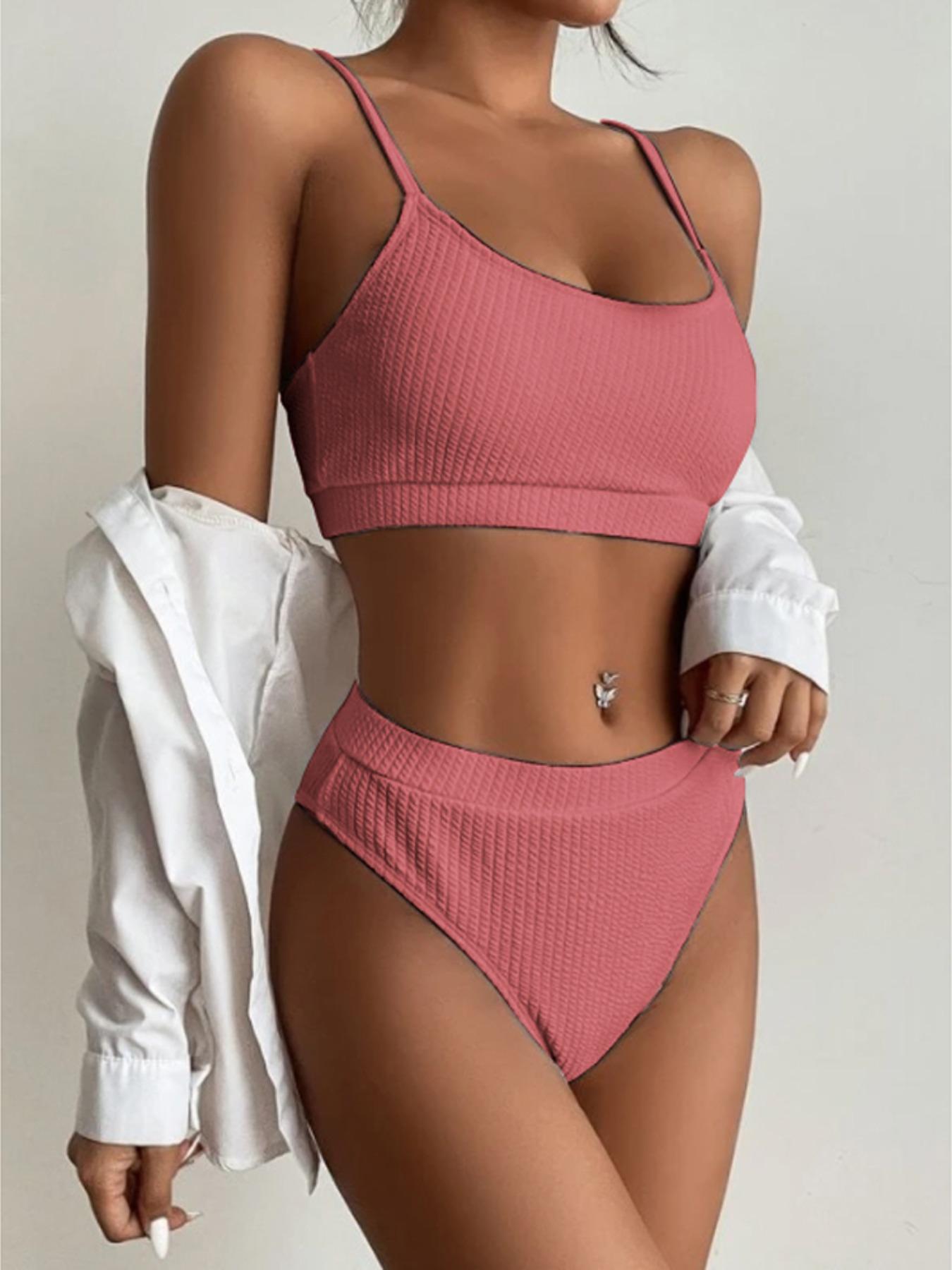 Women's Textured Bikini Set, Fashion Adjustable Strap Swim Top & High Waist Swim Bottom, Ladies Summer Clothes
