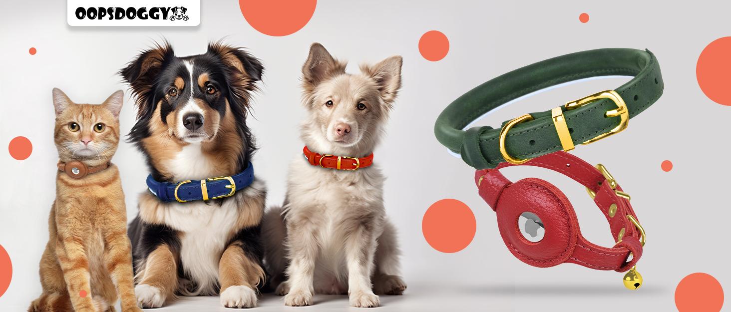 OOPSDOGGY Reflective Leather AirTag Cat Collar with Bell - Non Breakaway Adjustable Pet Collar with Apple Air Tag Holder - Lightweight GPS Kitten Collars for Small Dogs Puppy (Denim)