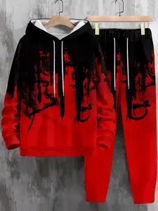 Men's Casual Hoodie Set, 3D Print Long Sleeve Top and Pants, Fitted Ankle-Length Bottoms, All-Season Wear, Medium Length, 100% Polyester
