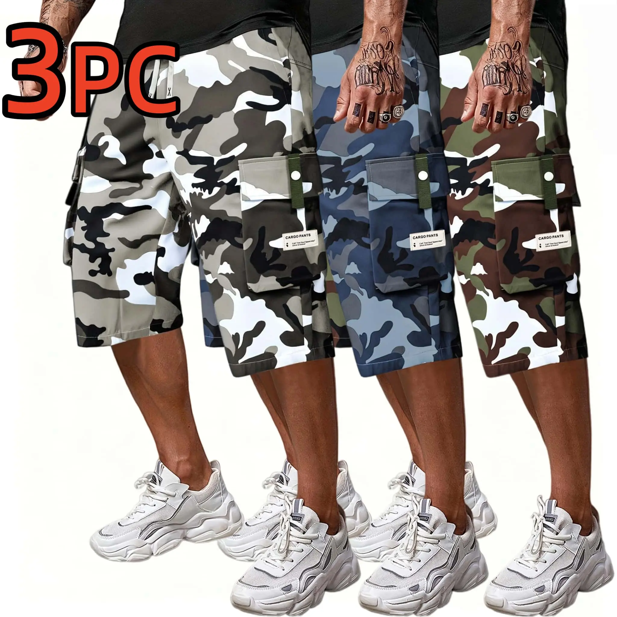 3PC Men's Summer Camouflage Workwear Shorts with Adjustable Drawstring Waist, Durable Non Stretchy Fabric and Multi Pocket Design - Loose Fit Suitable for Outdoor Commuting, Work, Sports and Leisure Wear