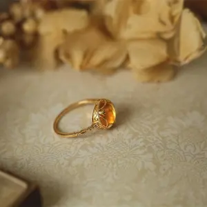 Luxury Lace Textured Oval Citrine Open Ring ~2.3g, Adjustable Size Minimalist Goddess Ring, Versatile Daily Fashion Wealth Themed Jewelry