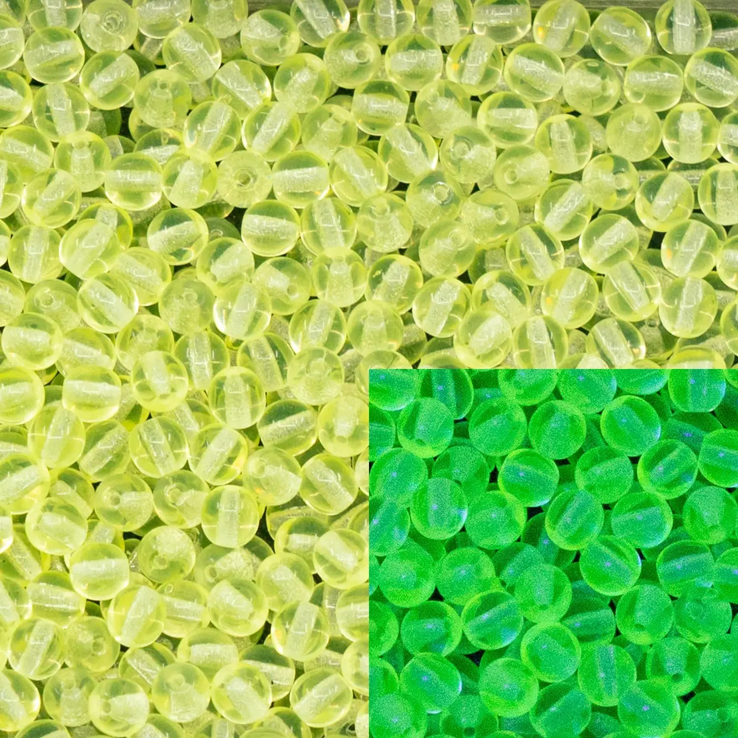 100 count of 4 mm (0.16in) Round Pressed Druck Glass Beads, Small Beads for stringing, Glow Under UV Uranium Yellow